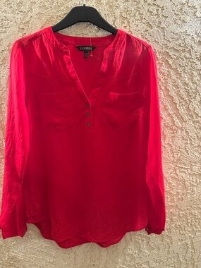 Express Women's Bright Red Long-Sleeve V-Neck Button Placket Blouse